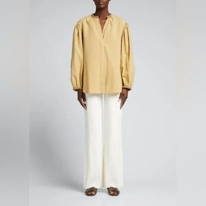 Vince Band-Collar Braided-Trim Button Front Puff Sleeve Shirt Mustard Size XXXL